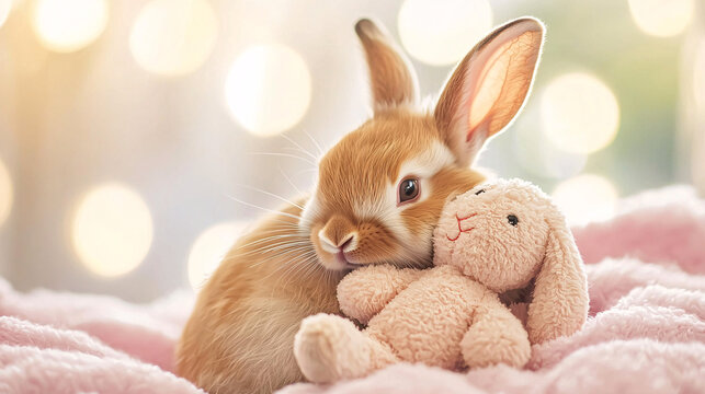 A rabbit cuddling with a soft plush toy, captured from a close-up view with a happy style and a pastel background, highlighting the affectionate interaction and the rabbit’s gentle nature 