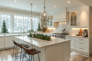White modern kitchen interior, with kitchen island beautifully decorated for Christmas holidays