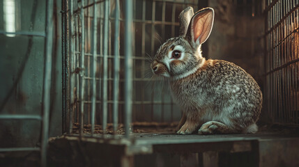 Obraz premium A rabbit grooming itself in a cozy corner of its cage, captured from an eye-level view with a vintage style and a minimal background, emphasizing the grooming action and the tranquil setting 