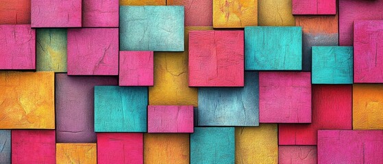 Create a background with a mosaic of colorful squares and rectangles, each filled with contrasting shades like bright pink, turquoise, and yellow. 