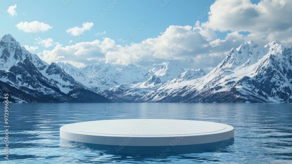 Poster futuristic white circular podium floating on water with snow-capped mountains background for virtual