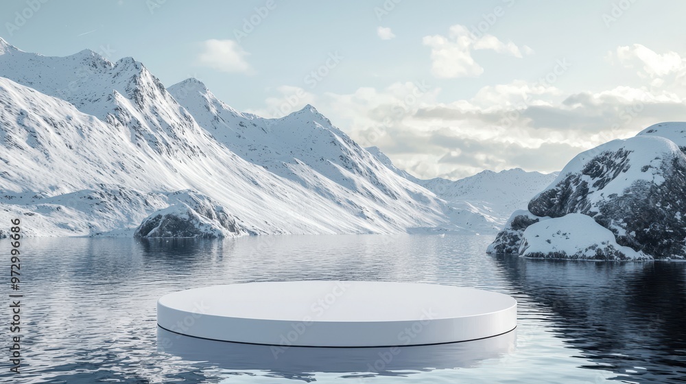 Poster futuristic product display podium on water with snowy mountain background in virtual reality setting