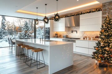 White modern kitchen interior, with kitchen island beautifully decorated for Christmas holidays