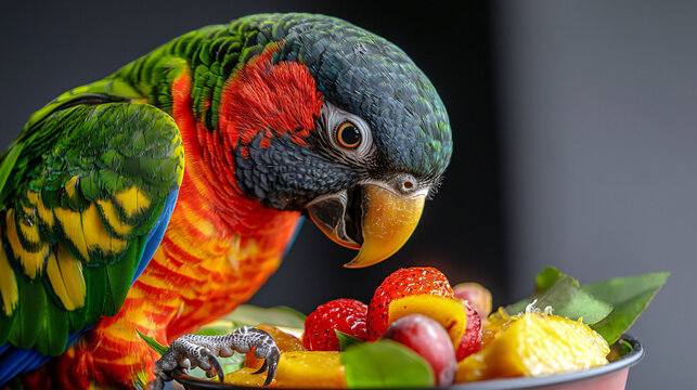 A parrot eating fresh fruits from its food dish, captured from a low-angle view with a plain background and a realistic style, emphasizing the details of its meal and the parrot&rsquo;s enjoyment 