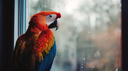 A parrot observing from a window perch, captured in a close-up view with an abstract style and a plain background, emphasizing the parrot’s gaze and the serene environment 