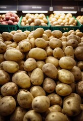 A supermarket features a vibrant display of fresh potatoes piled high, surrounded by other produce. Shoppers browse nearby, enjoying the variety available. Generative AI