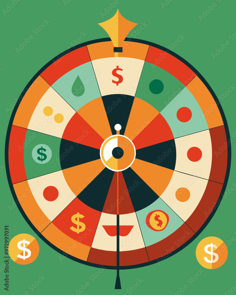 Poster a roulette wheel with various commodity symbols instead of numbers symbolizing the risky and unpredi