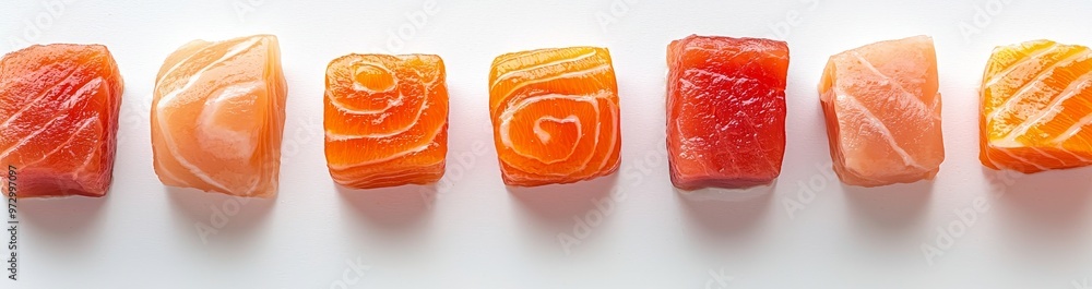 Canvas Prints Sashimi slices menu with salmon cubes of varying sizes isolated on a white background.