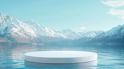 Glowing White Podium Floating on Water with Snow-Capped Mountains - Futuristic Product Display for VR/AR Backgrounds