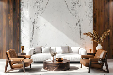 Two brown lounge chairs against white sofa and round coffee tables. Mid-century home interior design of modern living room with marble wall 3d render. Generative Ai.