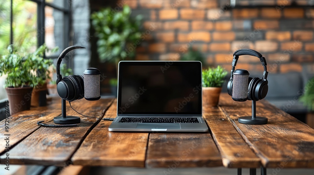 Wall mural Laptop, Headphones and Microphones Set up on Wooden Table