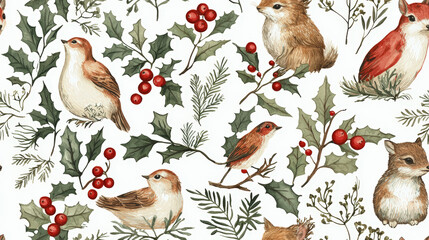 A seamless pattern featuring woodland animals and vintage botanical elements, including birds and foliage, creates charming and whimsical design. This delightful illustration captures essence of natur
