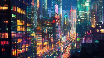 Fototapeta premium An evening cityscape with illuminated skyscrapers and office buildings, with vibrant lights reflecting off glass facades and a bustling street scene below.