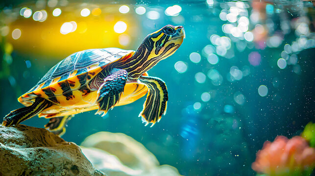 A turtle using a small ramp or accessory in its tank, captured from a high-angle view with a vibrant background, highlighting the turtle&rsquo;s interaction with its environment and the playful aspect 