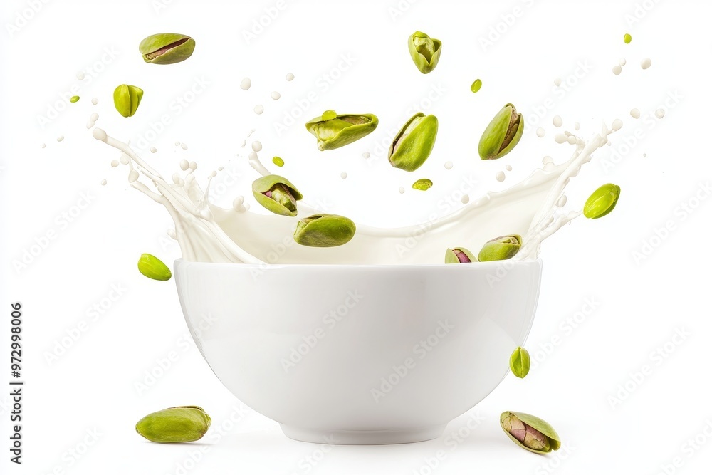 Canvas Prints Splashing pistachio milk with milk waves flying in the sky, isolated on a green background.