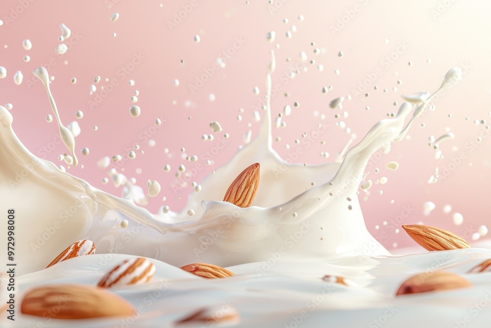 Poster drinks nuts liquid wave poured over almonds nuts and milk splashed in the air.