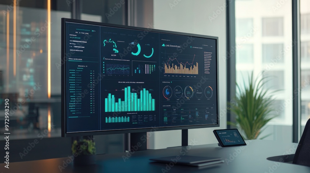 Poster An image of a business dashboard with interactive graphs and charts on a large screen, showing real-time data and analytics in a modern office environment.