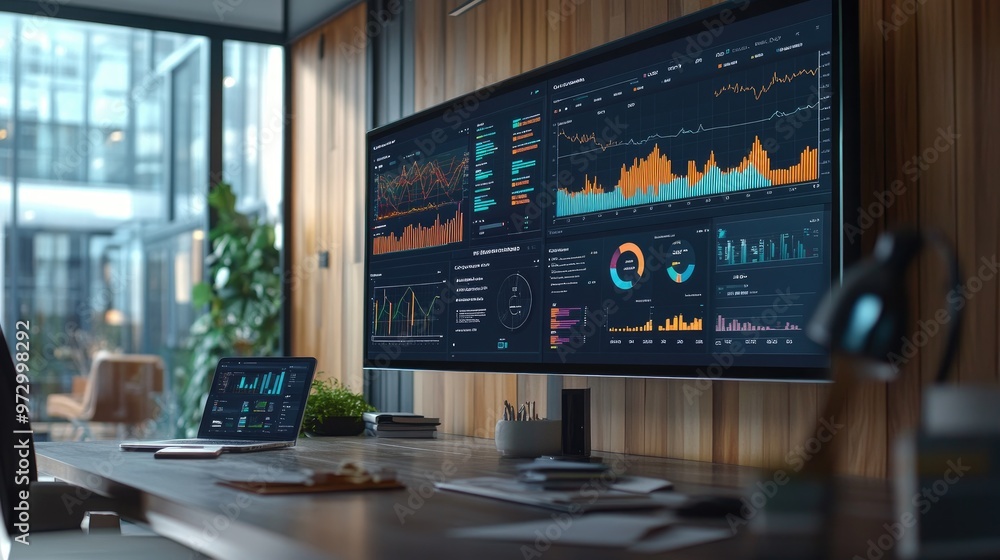 Poster An image of a business dashboard with interactive graphs and charts on a large screen, showing real-time data and analytics in a modern office environment.
