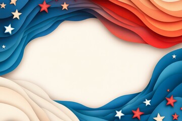 A vibrant, patriotic abstract design with layered red, blue, and white waves and star accents, perfect for a background, banner