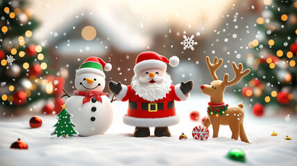 Cartoon Santa Claus with happy snowman and reindeer in snowy landscape. for Your Christmas and New Year greeting Design or Animation. Cartoon holiday character. Santa Claus. Cute Santa Claus 3D 