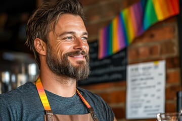 Smiling man with a beard and rainbow-colored apron in a cozy cafe setting can be used for hospitality, diversity, and LGBTQ+ support campaigns,