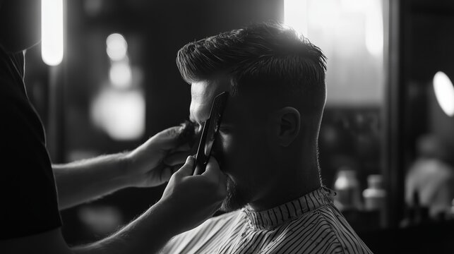 A barber styling a man's hair in a modern barbershop during the afternoon