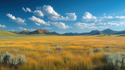 Fototapeta premium Expansive landscape featuring golden grass and distant mountains.