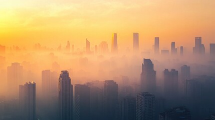 Fototapeta premium An image of a city skyline with smog and haze, emphasizing air pollution and the environmental impact of rising temperatures in urban areas