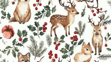 A seamless pattern featuring woodland animals like deer and foxes, surrounded by vintage botanical elements such as holly and pine. This charming design evokes cozy, festive atmosphere