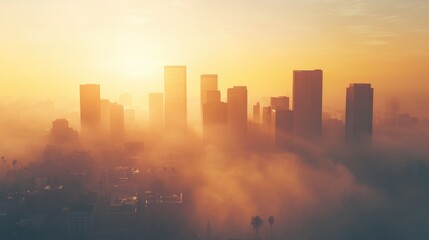 Fototapeta premium An image of a city skyline with smog and haze, emphasizing air pollution and the environmental impact of rising temperatures in urban areas
