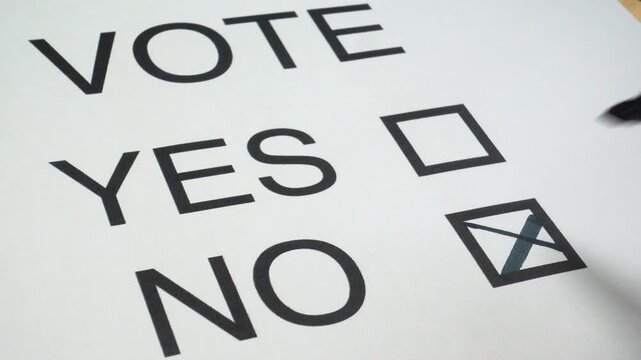 A ballot paper. Vote yes or no. Making a choice and deciding on NO. Putting a cross in a box.