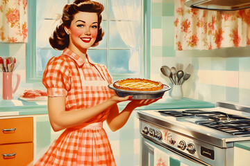 A cheerful woman in vintage kitchen holds freshly baked pie, showcasing classic 1950s aesthetic. bright colors and retro decor evoke sense of nostalgia and warmth