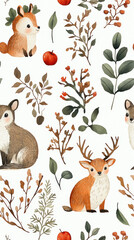 Naklejka premium A seamless pattern featuring woodland animals like fox and deer, surrounded by vintage botanical elements. This charming design evokes sense of nature and whimsy
