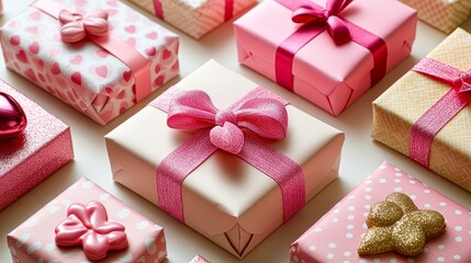 Brightly wrapped gifts in assorted pink and gold wrapping papers with bows, perfect for celebrations, birthdays, or festive occasions, Can be used for advertisements, invitations