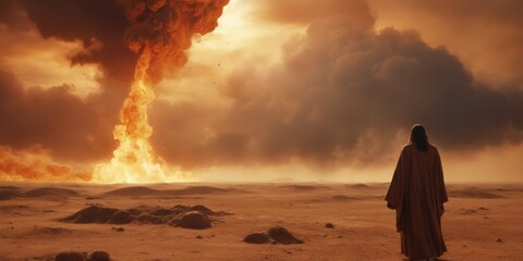 Person in robe facing volcano with flames and smoke, under drama