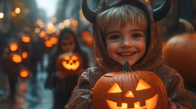 15. A group of children in vampire fangs and devil horns trick-or-treating down a spooky street, with glowing jack-o'-lanterns and eerie lighting from decorated houses 