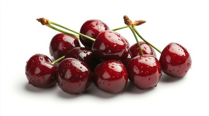A bunch of cherries are sitting on a white background