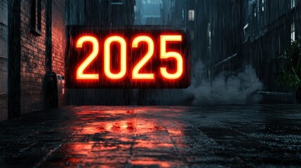 A neon sign with the number 2025 on it is lit up in the rain