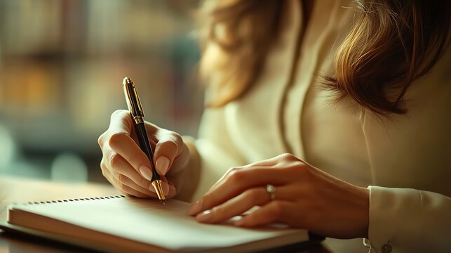 Elegant Businesswoman Writing on Notepad with Blurred Office Background - Close-up of Hand and Pen Focus