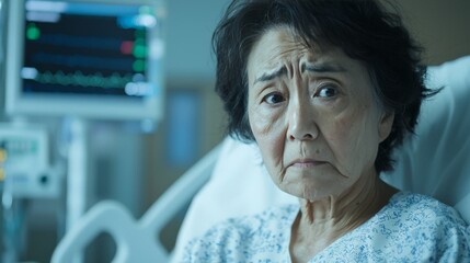 Fototapeta premium Close-up of a patient with health complications, worried expression, hospital background