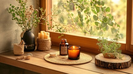 A wooden table with a vase, candles, and a plant