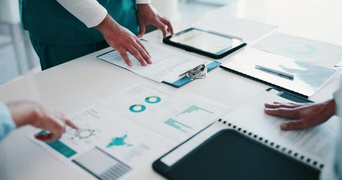 Tablet, hands and strategy meeting with research for medical finance or funding. Hospital director, documents and clinic administrator for healthcare, graphs and internet for health insurance info