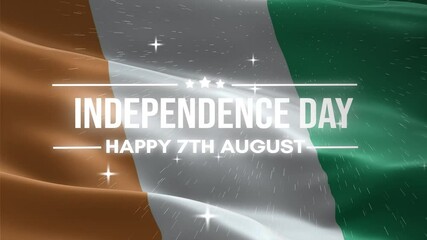 Ivory Coast Independence Day. Happy 7th August. Ivory Coast waving flag background, and fireworks