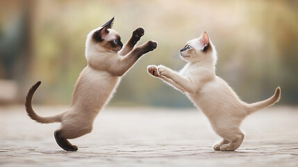 Low-angle view of a Siamese cat playing with another pet, with a candid style and pastel background, highlighting the interaction and the playful nature of both animals 