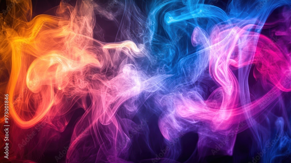 Poster vibrant swirls of multicolored smoke against a dark background, creating an ethereal and dynamic abs