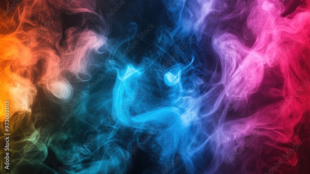 Poster vibrant swirls of multicolored smoke against a dark background, creating an ethereal and dynamic abs