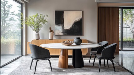 Fototapeta premium Elegant Dining Room with Round White Oak Table, Black Fabric Chairs, Textured Wood and Grey Metal Sideboard, Wall Art, Rug, and White Walls, Captured in Interior Design Photography