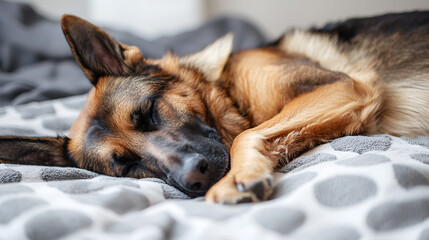 Close-up view of a German Shepherd napping comfortably on a bed, with a serene style and minimal background, highlighting the dog's relaxed demeanor and soft fur 