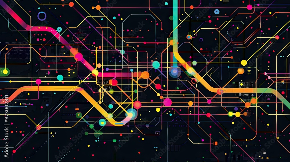 Poster a vibrant, abstract representation of interconnected lines and dots, symbolizing data flow and techn