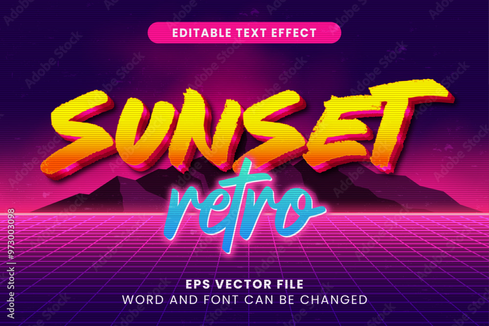 Poster sunset retro neon glow 3d editable vector text effect